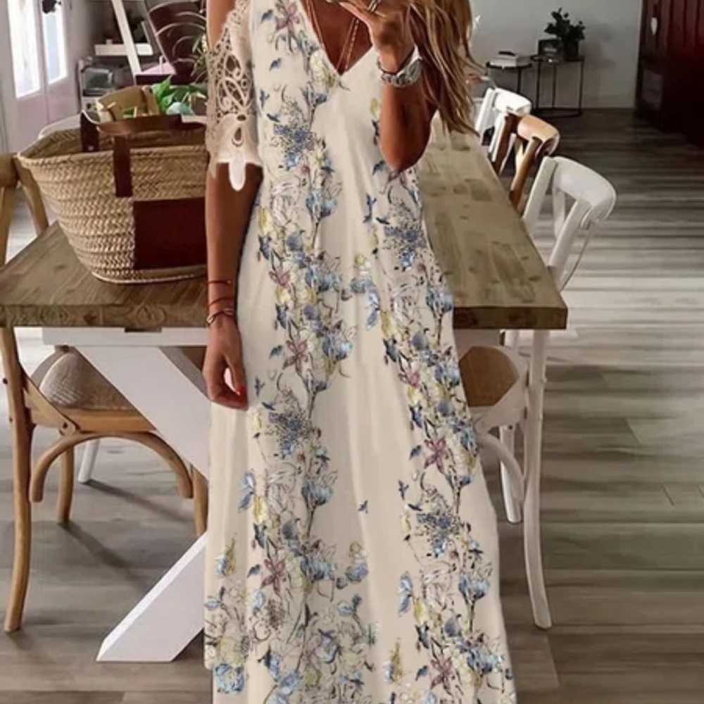 JFN V neck Off Shoulder Butterfly Floral Vacation Maxi Dress